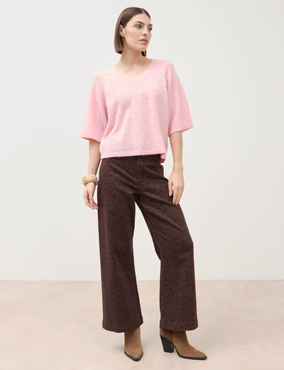 Pull droit court col v manches courtes rose clair femme