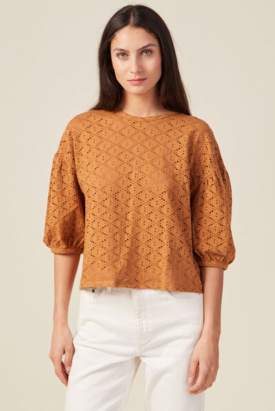 T-shirt manches 3/4 ajouré marron femme