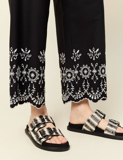 Pantalon large brodé 7/8ème noir femme