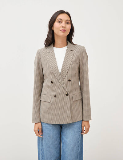 Blazer &agrave; carreaux col tailleur gris femme