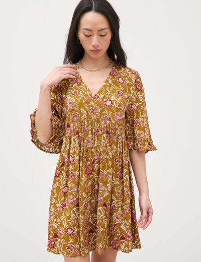 Robe col v manches au coude vert olive femme