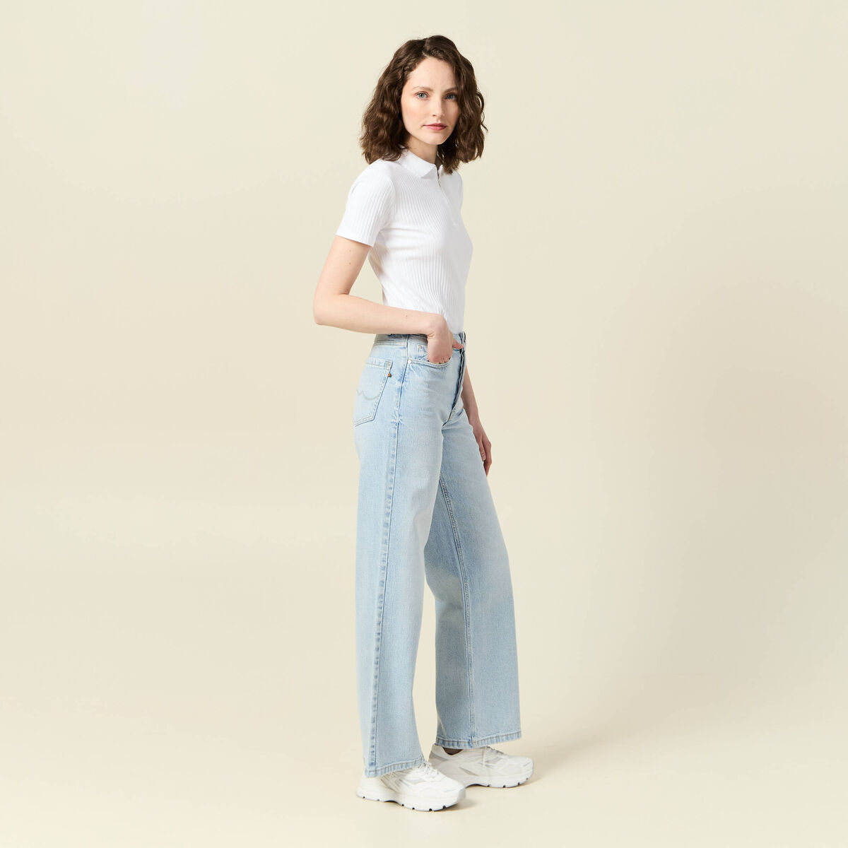 Jeans large taille haute denim bleach femme