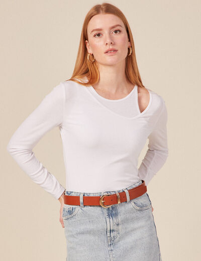T-shirt ajust&eacute; d&eacute;collet&eacute; manches longues blanc femme
