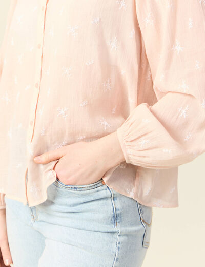Blouse manches longues brodée rose poudrée femme