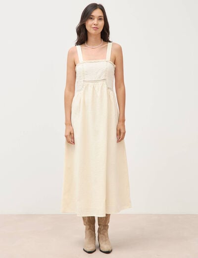 Robe en coton &agrave; bretelles col carr&eacute; ivoire femme