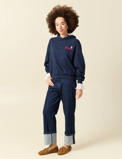 Sweat oversize &agrave; capuche en coton bleu marine femme