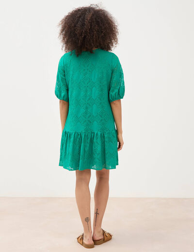 Robe dentelle col v manches coude vert femme