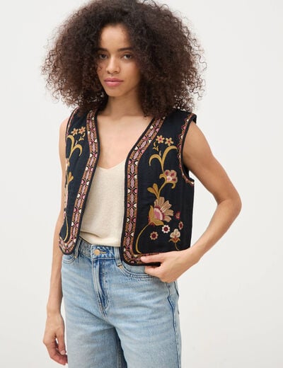 Gilet droit court sans manches doubl&eacute; noir femme