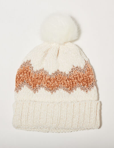 Bonnet à pompon ecru femme