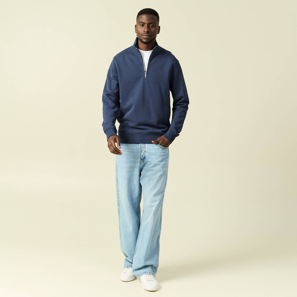 Sweat col montant manches longues bleu marine homme