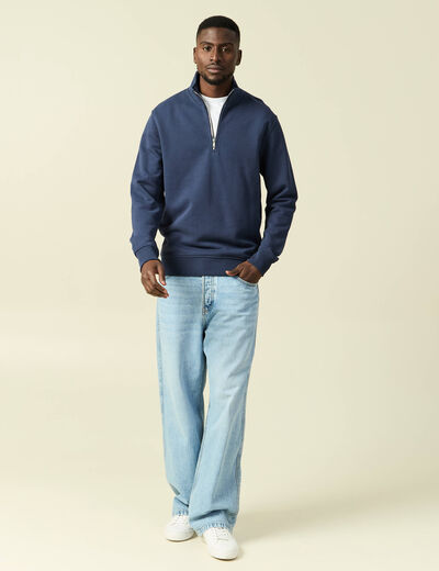 Sweat col montant manches longues bleu marine homme