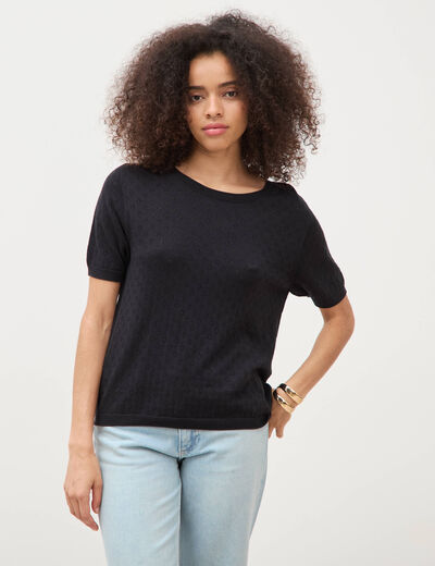 Pull col rond manches courtes noir femme
