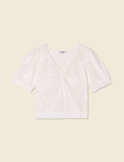 T-shirt manches courtes ajouré creme femme