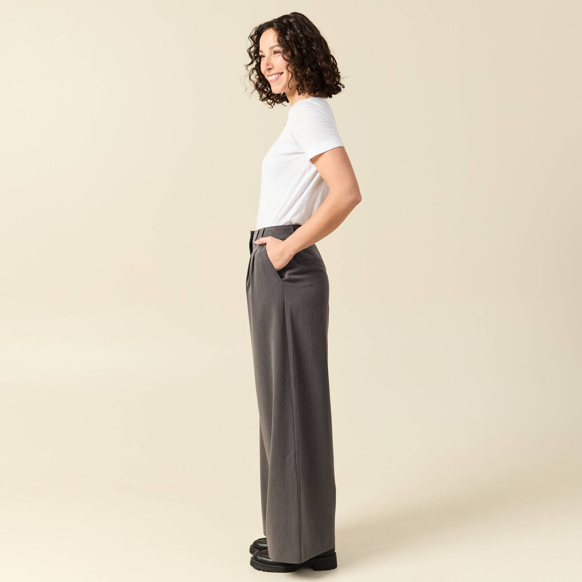 Pantalon large taille haute fluide gris femme