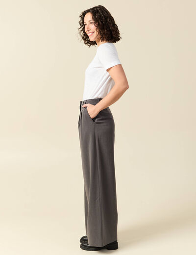 Pantalon large taille haute fluide gris femme