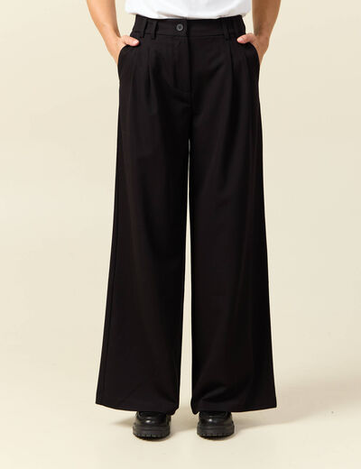 Pantalon large taille haute fluide noir femme