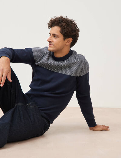 Pull droit fin col rond manches longues bleu marine homme