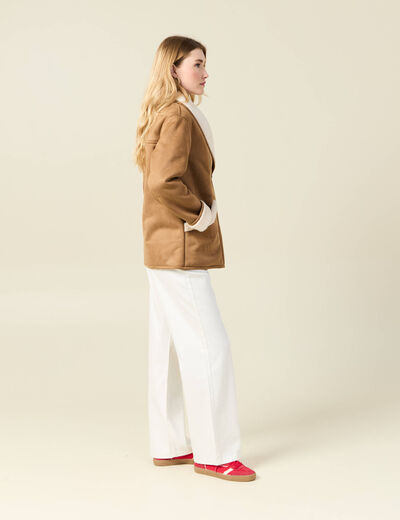 Manteau suédine col châle marron femme