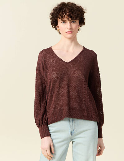 Pull manches longues ajouré bordeaux femme