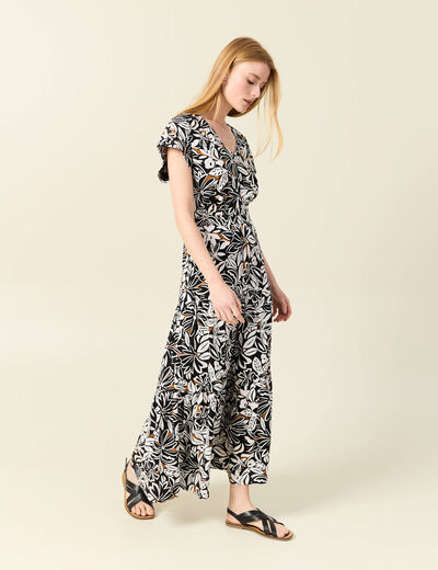Robe longue évasée dos ouvert noir femme