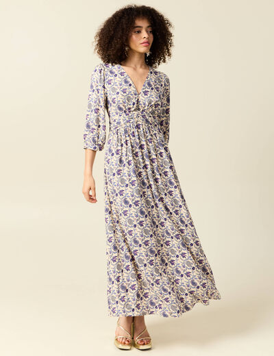 Robe col V manches longues bleu femme