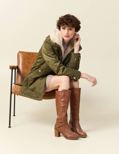 Parka droite à capuche vert kaki femme