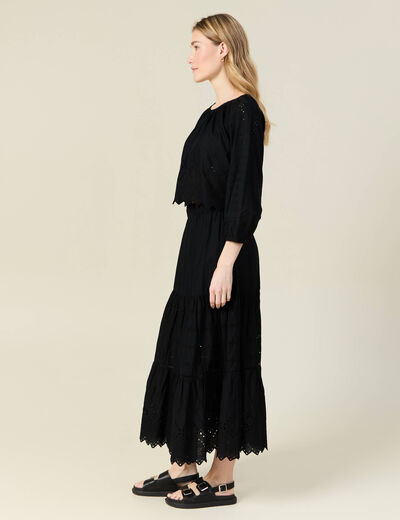 Blouse manches 3/4 brodée noir femme