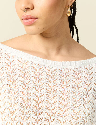 Pull ajour&eacute; col bateau manches longues ecru femme