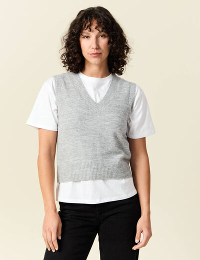 Pull sans manches col en V gris clair femme