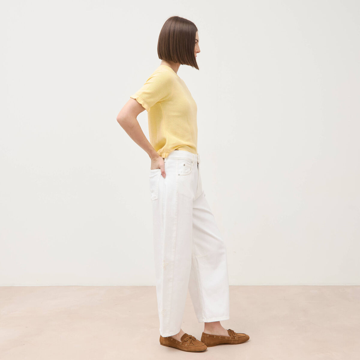Jeans barrel taille haute 7/8&egrave;me denim blanc femme
