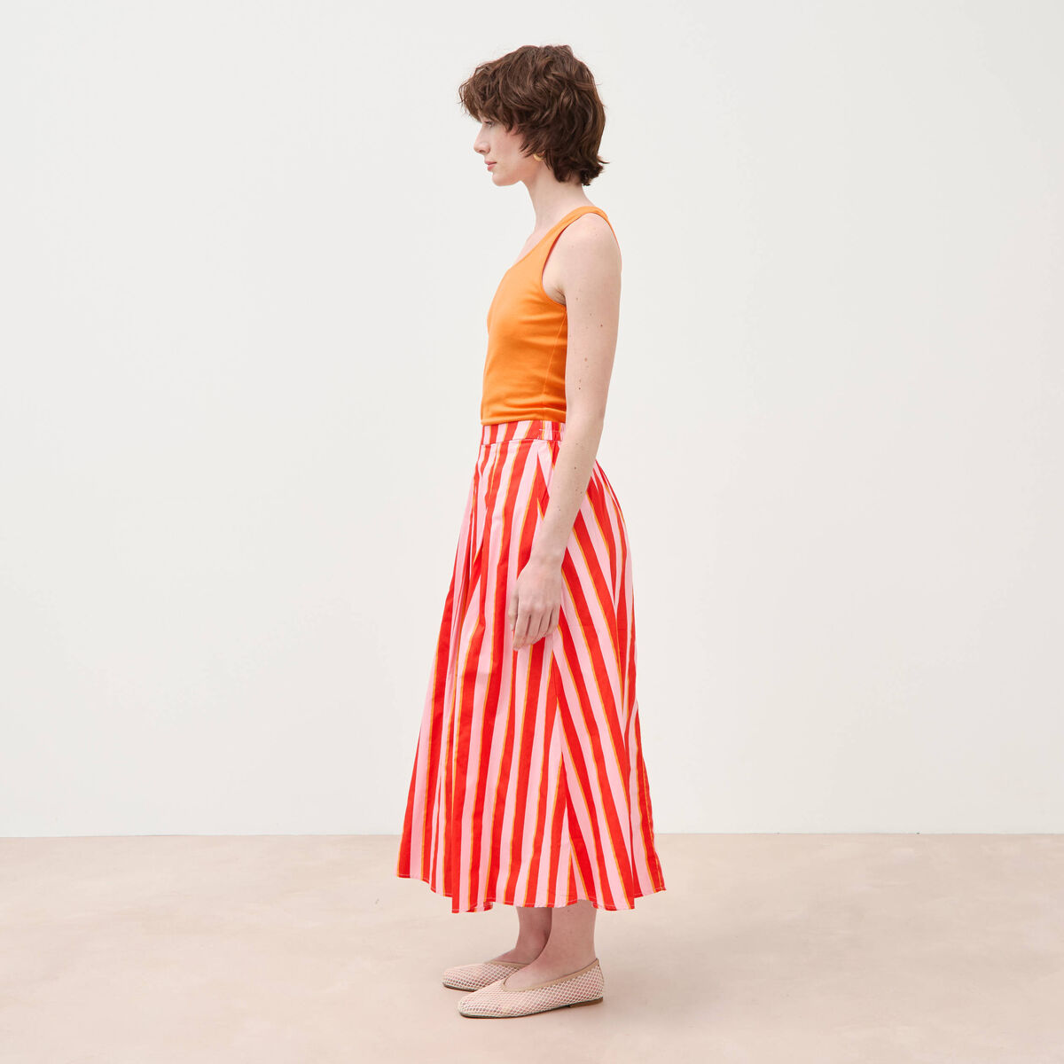 Jupe longue &eacute;vas&eacute;e en coton ray&eacute; orange corail femme