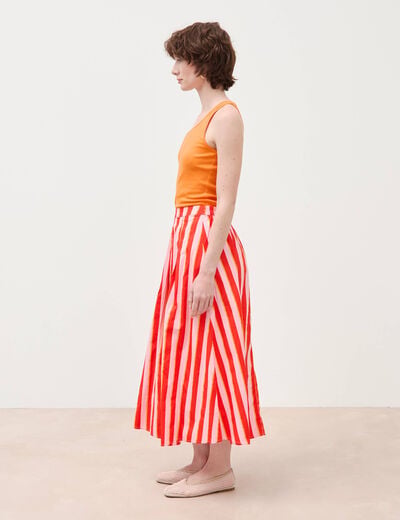 Jupe longue &eacute;vas&eacute;e en coton ray&eacute; orange corail femme