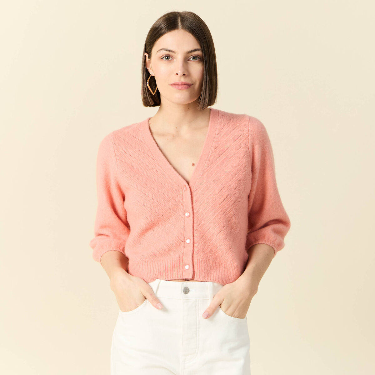 Gilet manches 3/4 rose saumon femme