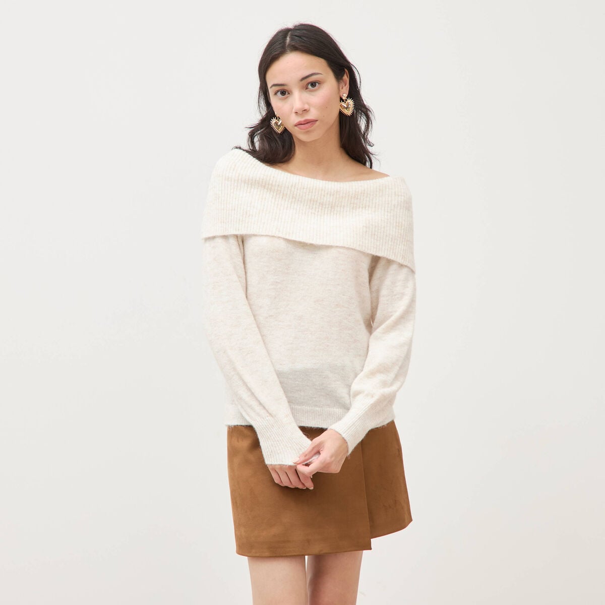 Pull droit manches longues bardot ecru femme