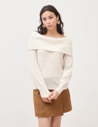 Pull droit manches longues bardot ecru femme