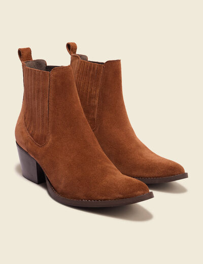 Bottines en cuir &agrave; talon marron cognac femme