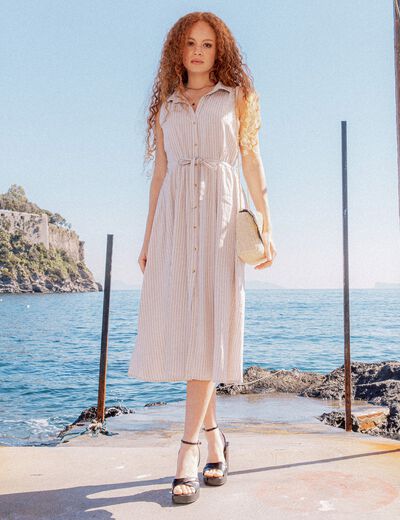 Robe longue évasée ceinturée blanc femme