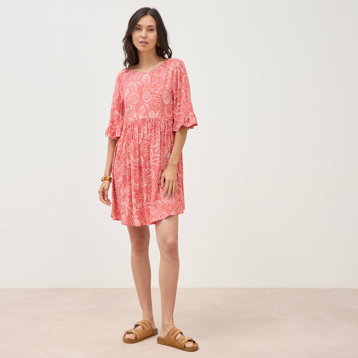 Robe fluide col rond manches coude orange corail femme