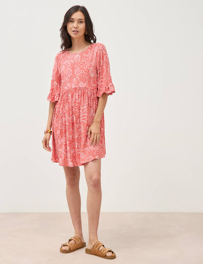 Robe fluide col rond manches coude orange corail femme