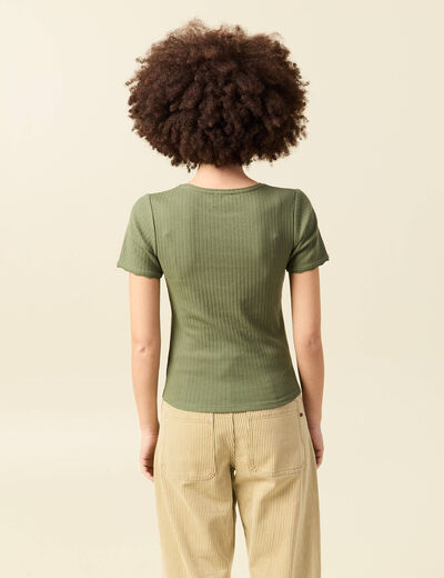 T-shirt manches courtes c&ocirc;tel&eacute; vert kaki femme