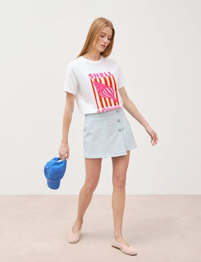 Jupe-short taille haute en jeans denim bleach femme