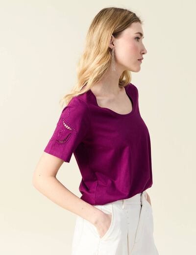 T-shirt manches courtes brodé violet femme