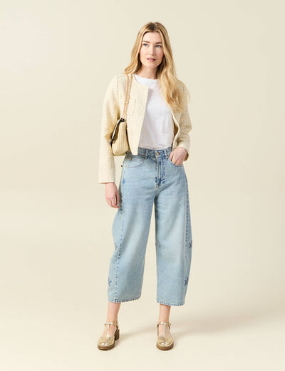 Jeans slouchy brodé 7/8ème denim bleach femme