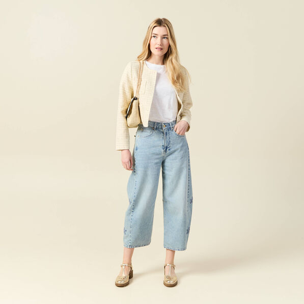 Jeans slouchy brodé 7/8ème denim bleach femme
