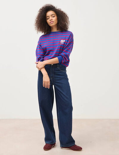 Pull manches longues col rond bleu roi femme