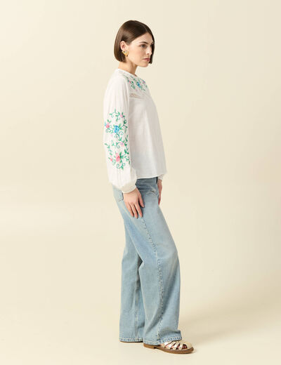 Chemise bord&eacute;e en coton manches longues ecru femme