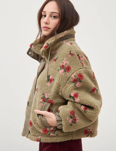 Blouson oversize sherpa col montant vert femme
