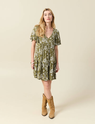 Robe évasée manches courtes vert olive femme