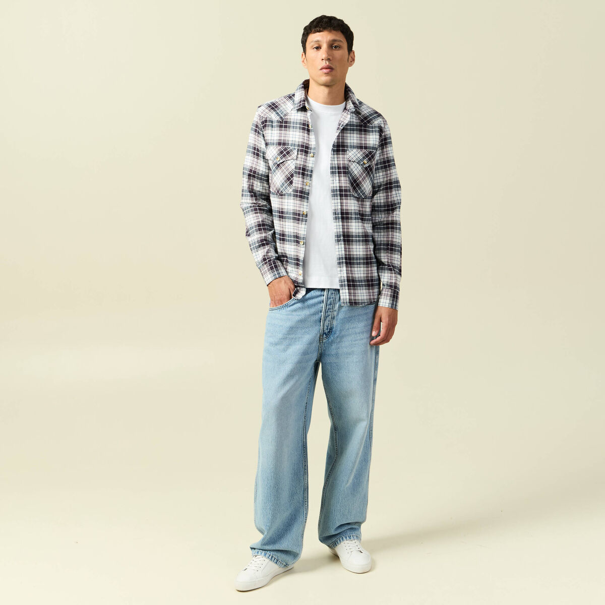 Chemise &agrave; carreaux manches longues ecru homme