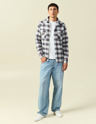 Chemise &agrave; carreaux manches longues ecru homme